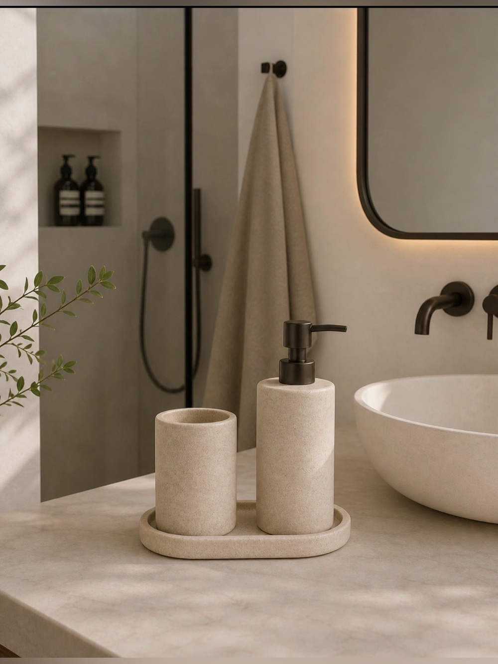 Neutral Stone Bath Accessory Set w/ Pump Dispenser, Vanity Tray, Stone Tumbler